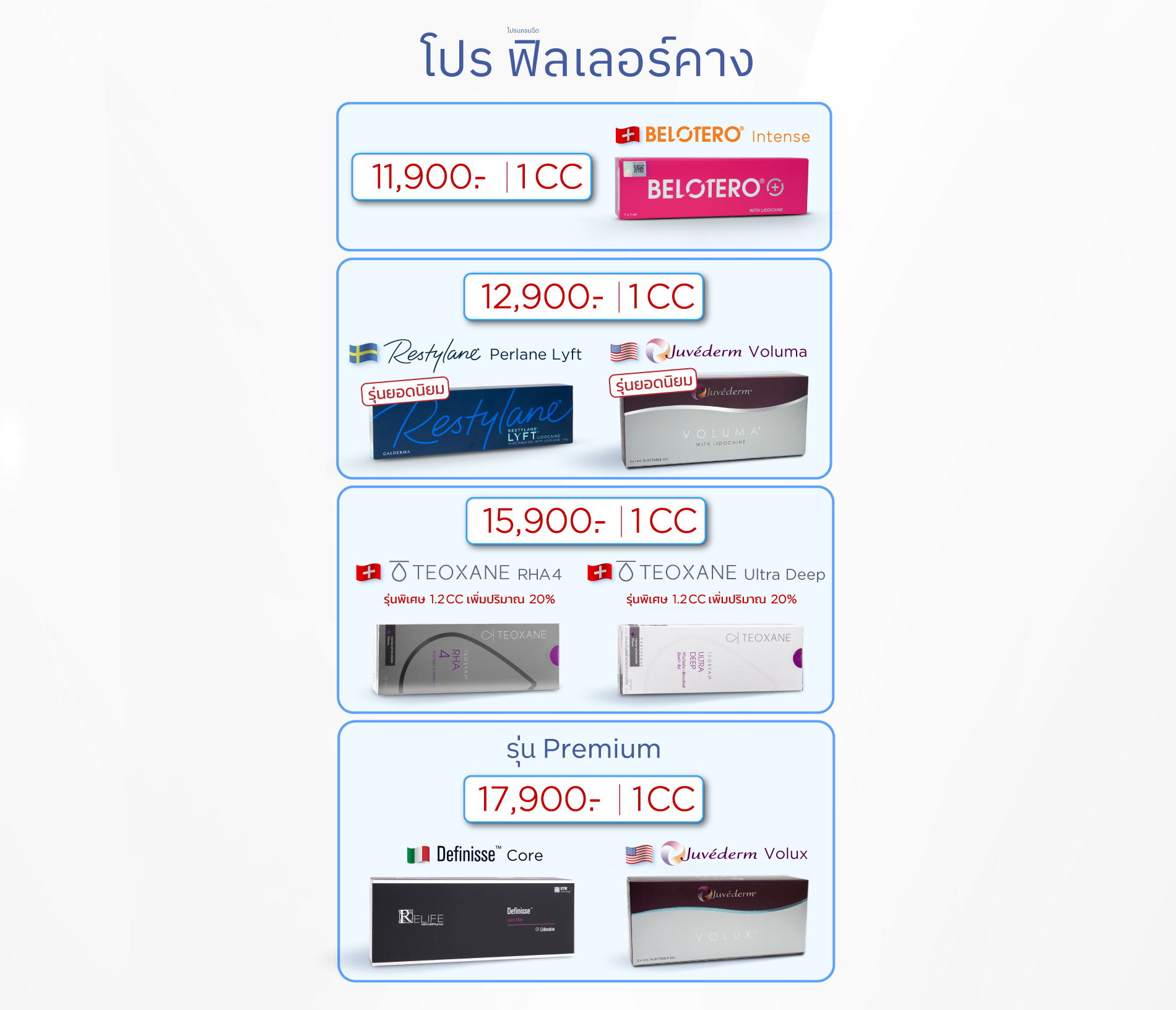 โปรฟิลเลอร์คาง, ราคาฟิลเลอร์คาง